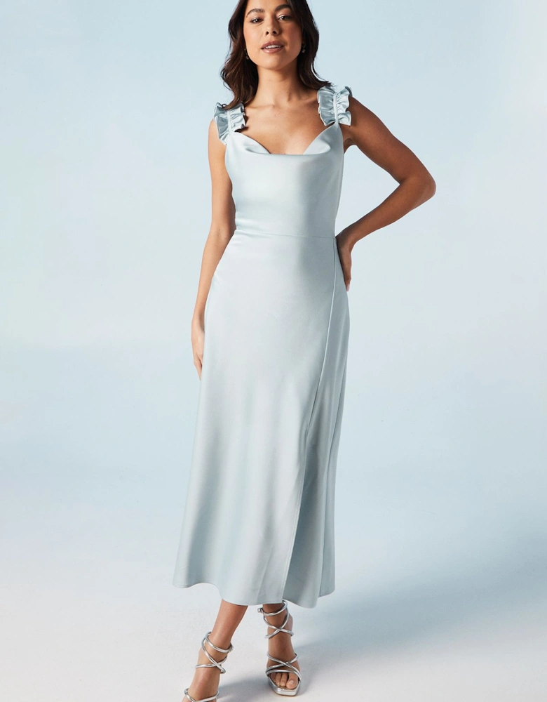 Ruffle Shoulder Detail Satin Bridesmaid Midi Dress