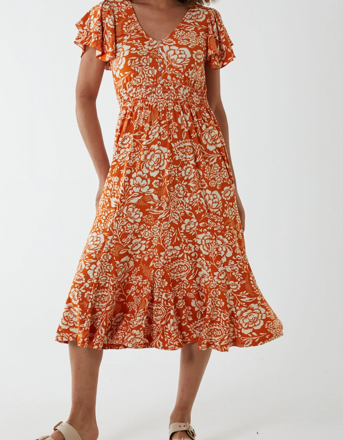 Ruffle Sleeve Elasticated Godet Midi Dress, 2 of 1