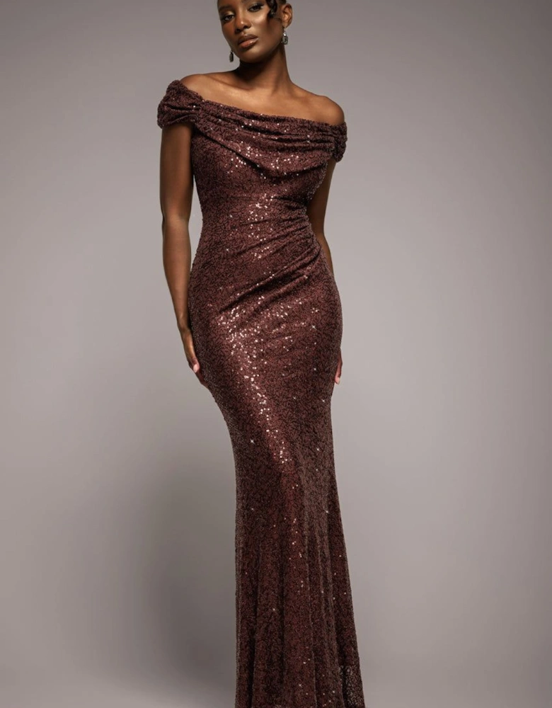 Cap Sleeve Iridescent Sequin Cowl Maxi Dress
