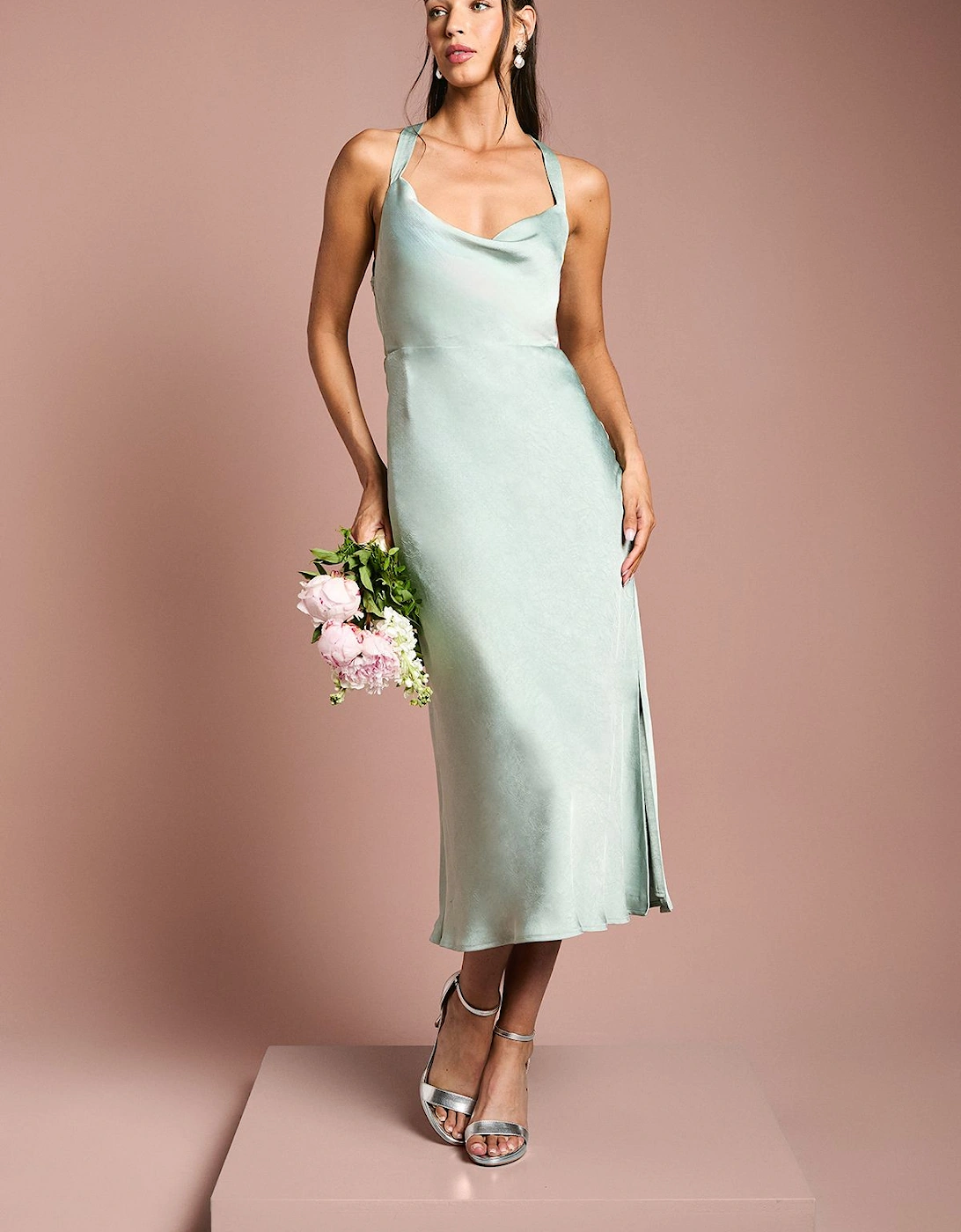 Cross Shoulder Tie Back Satin Bridesmaid Dress, 2 of 1