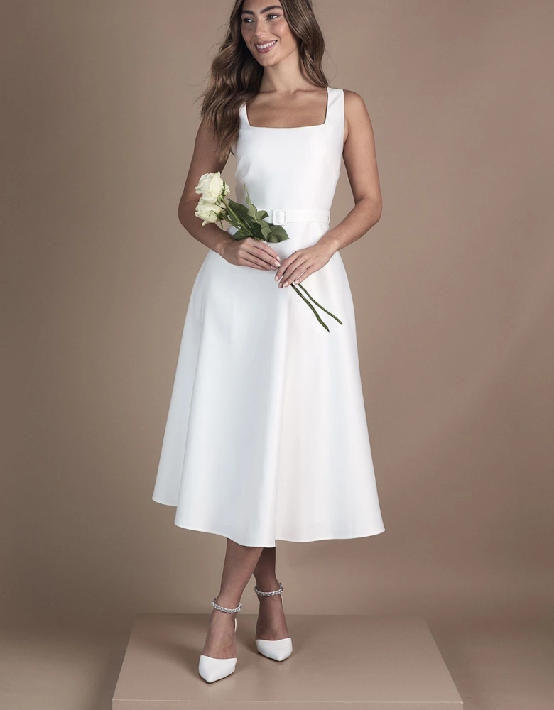 Belted Twill Midi Wedding Dress