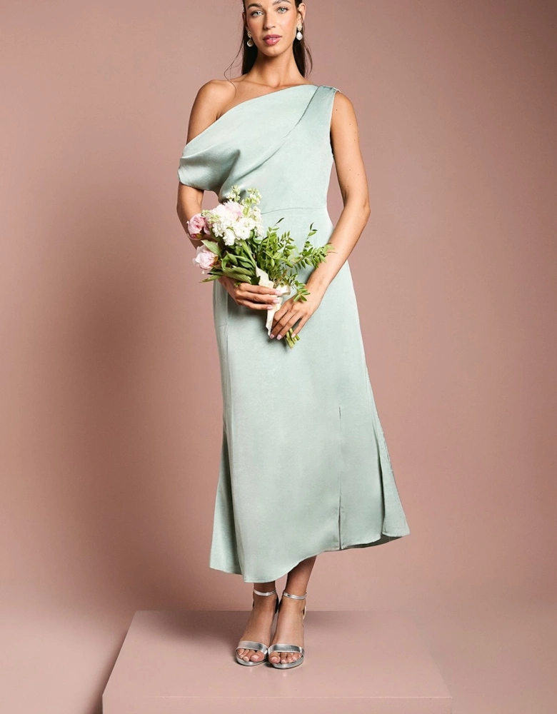 Fallen Shoulder Satin Bridesmaid Midi Dress