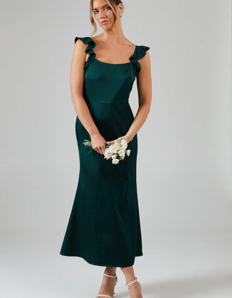 Ruffle Square Neck Satin Bridesmaid Midi Dress