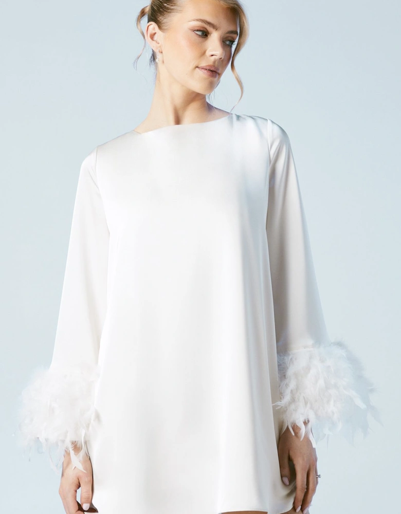 Feather Cuff Satin Bridal Mini Dress