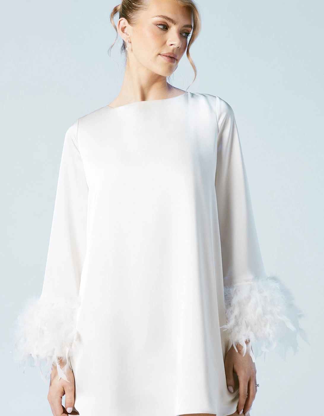 Feather Cuff Satin Bridal Mini Dress, 2 of 1