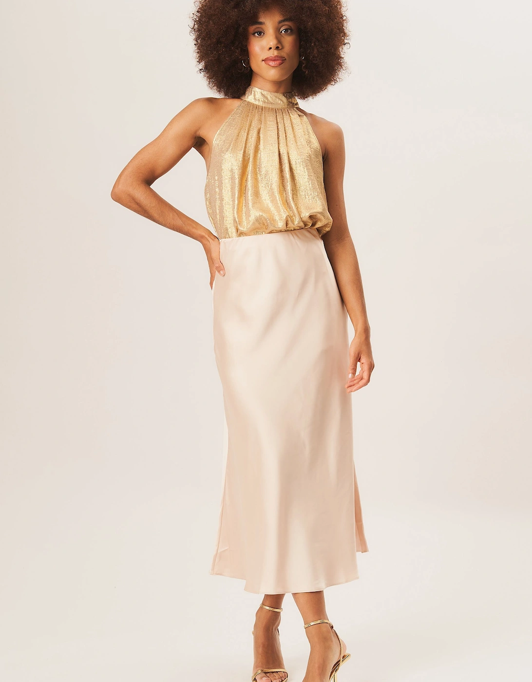 Beige Satin Bias Cut Midi Skirt, 2 of 1