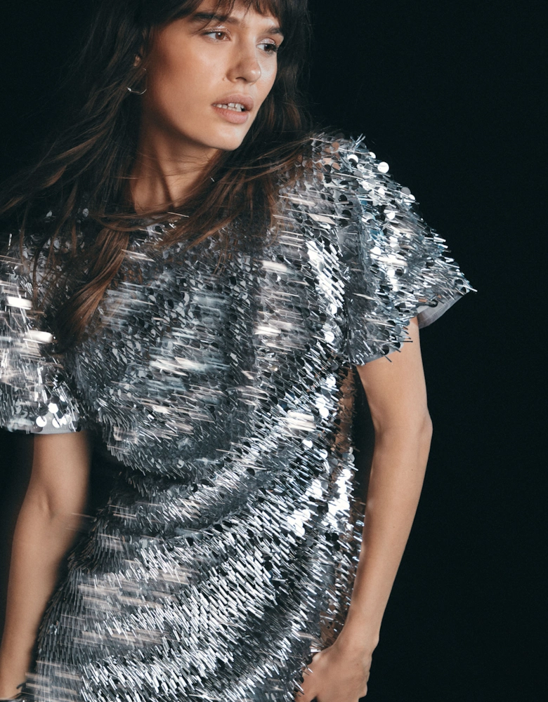 Premium Dense Sequin Extreme Shoulder Midi Dress