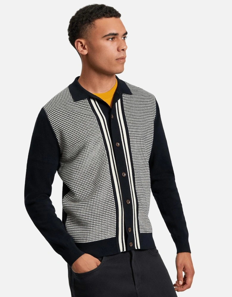 Mens Bicoloured Button Through Long Sleeve Polo Shirt