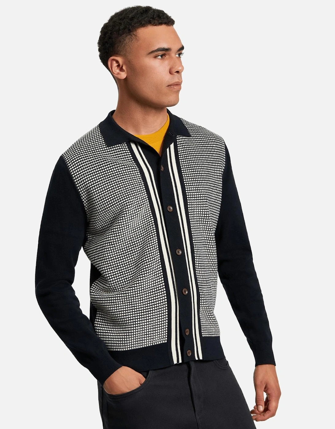 Mens Bicoloured Button Through Long Sleeve Polo Shirt, 2 of 1