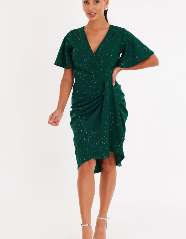 Green Petite Glitter Ruched Midi Dress