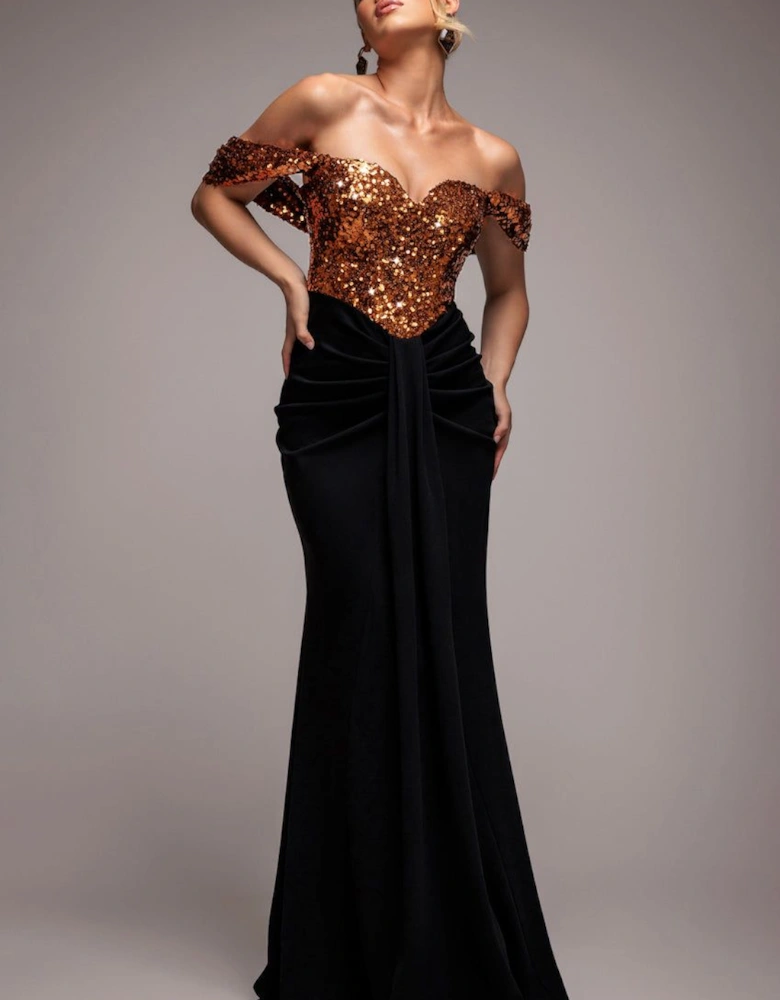 Corset Sequin Wing Bodice Scuba Skirt Maxi Dress