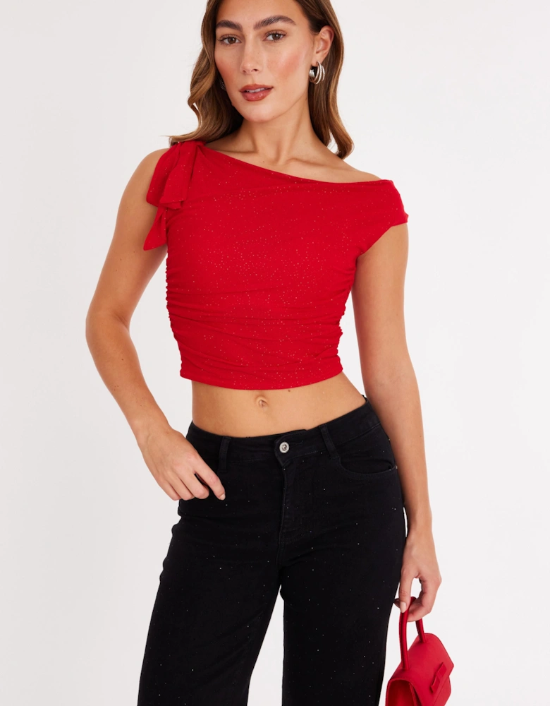 Red Mesh One Shoulder Top