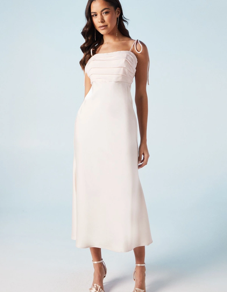 Satin Chiffon Mix Tie Shoulder Bridesmaid Midi Dress