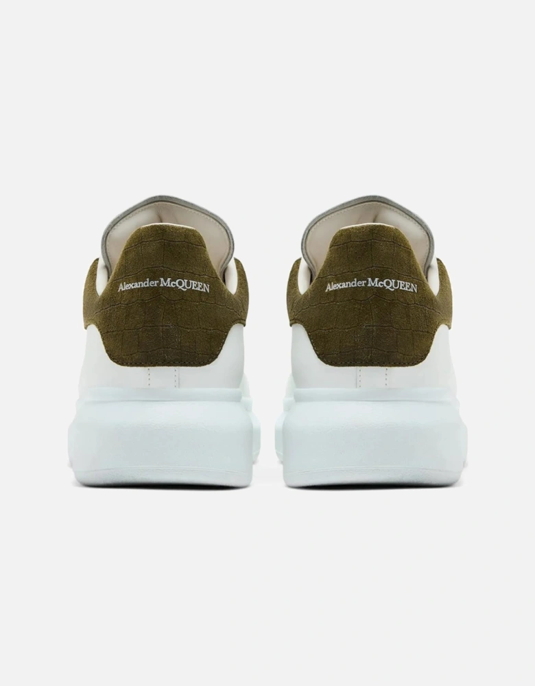 Oversized Leather Trainer in White/Khaki Crocodile