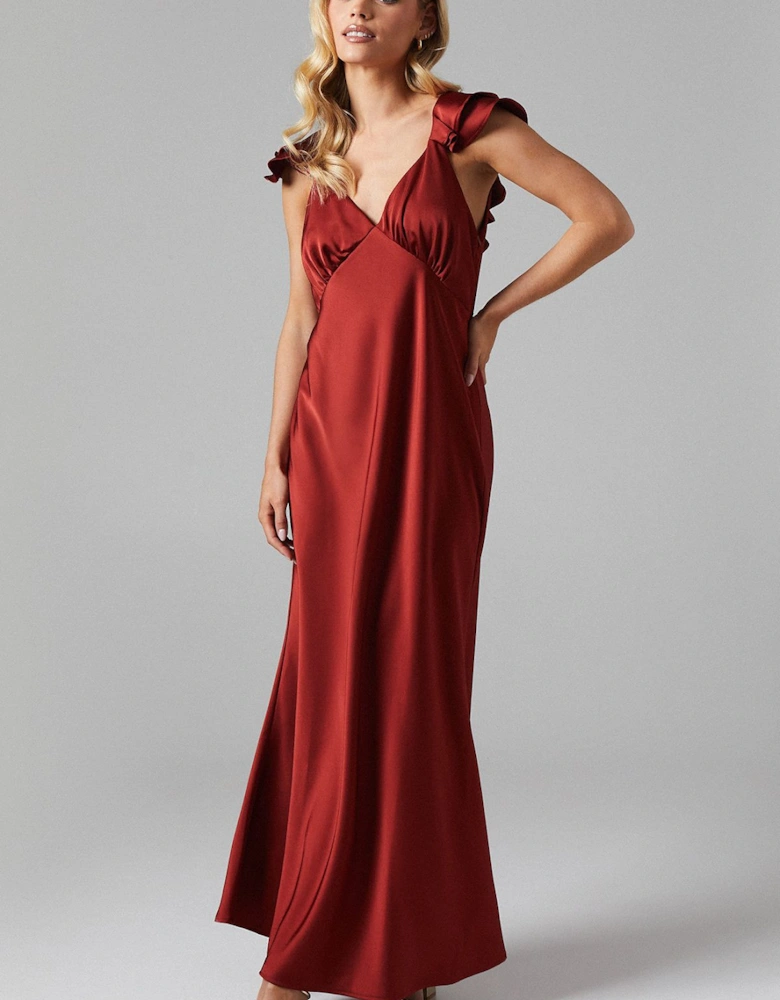 Petite Ruffle Neckline Satin Maxi Bridesmaid Dress