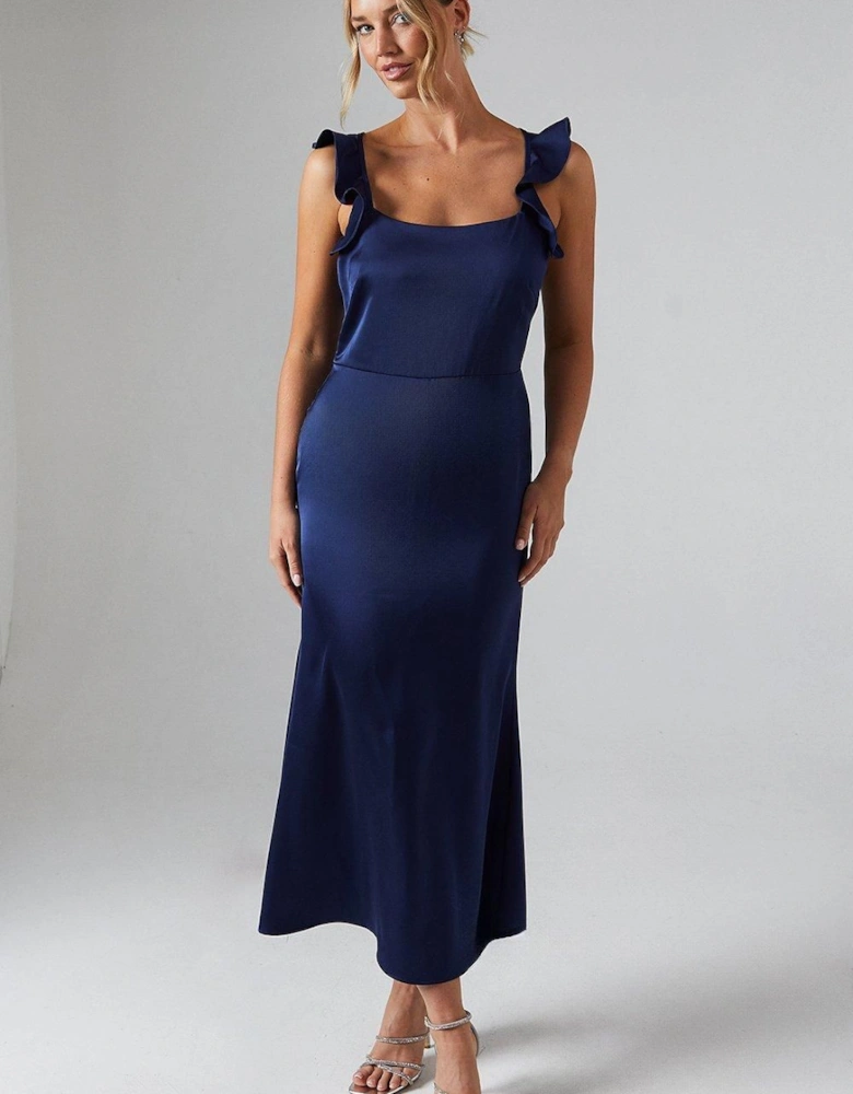 Ruffle Square Neck Satin Bridesmaid Midi Dress