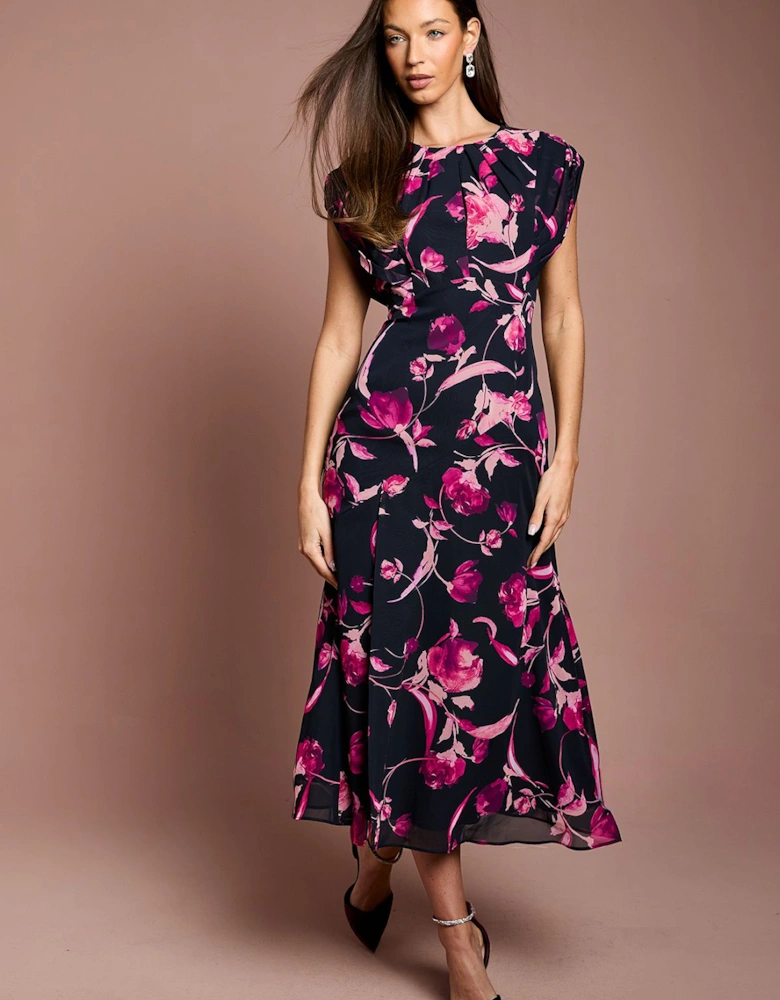 Cap Sleeve Floral Chiffon Midi Dress