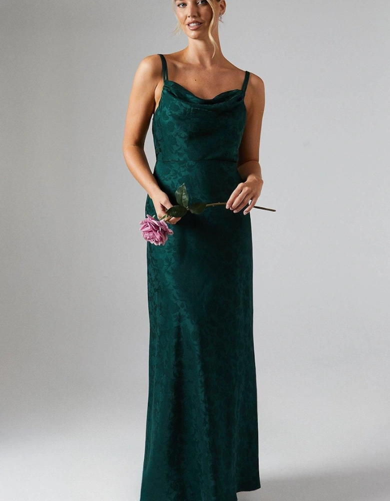 Double Strap Cowl Neck Satin Jacquard Bridesmaid Dress