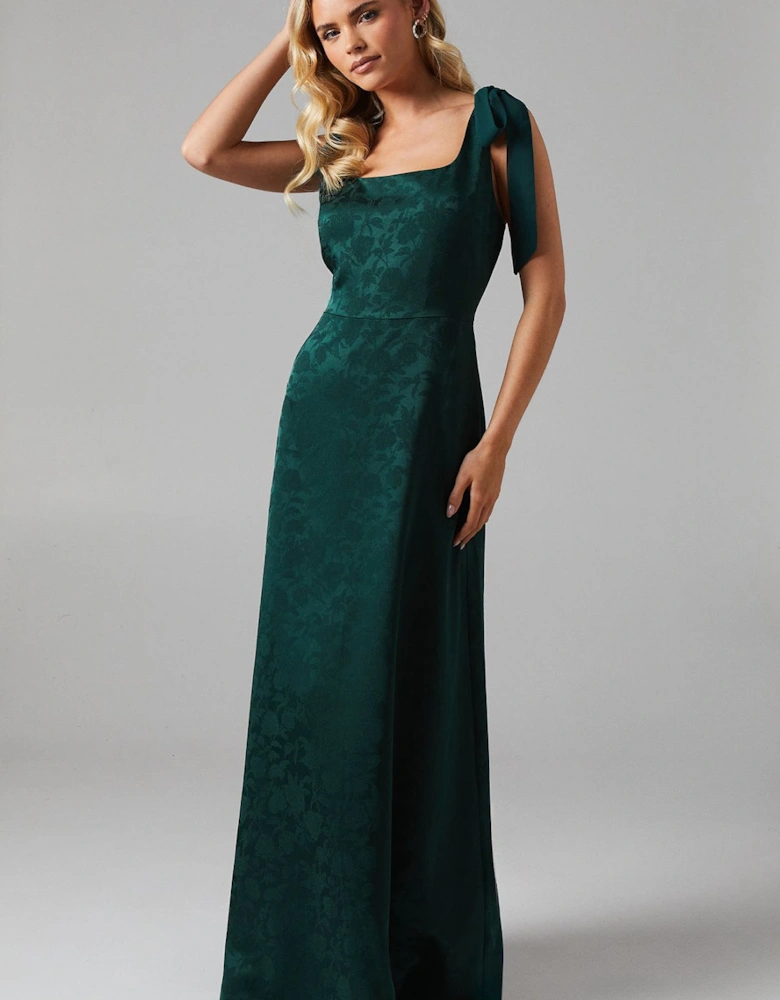 Petite Square Neck Chiffon Tie Shoulder Satin Jacquard Bridesmaid Maxi Dress