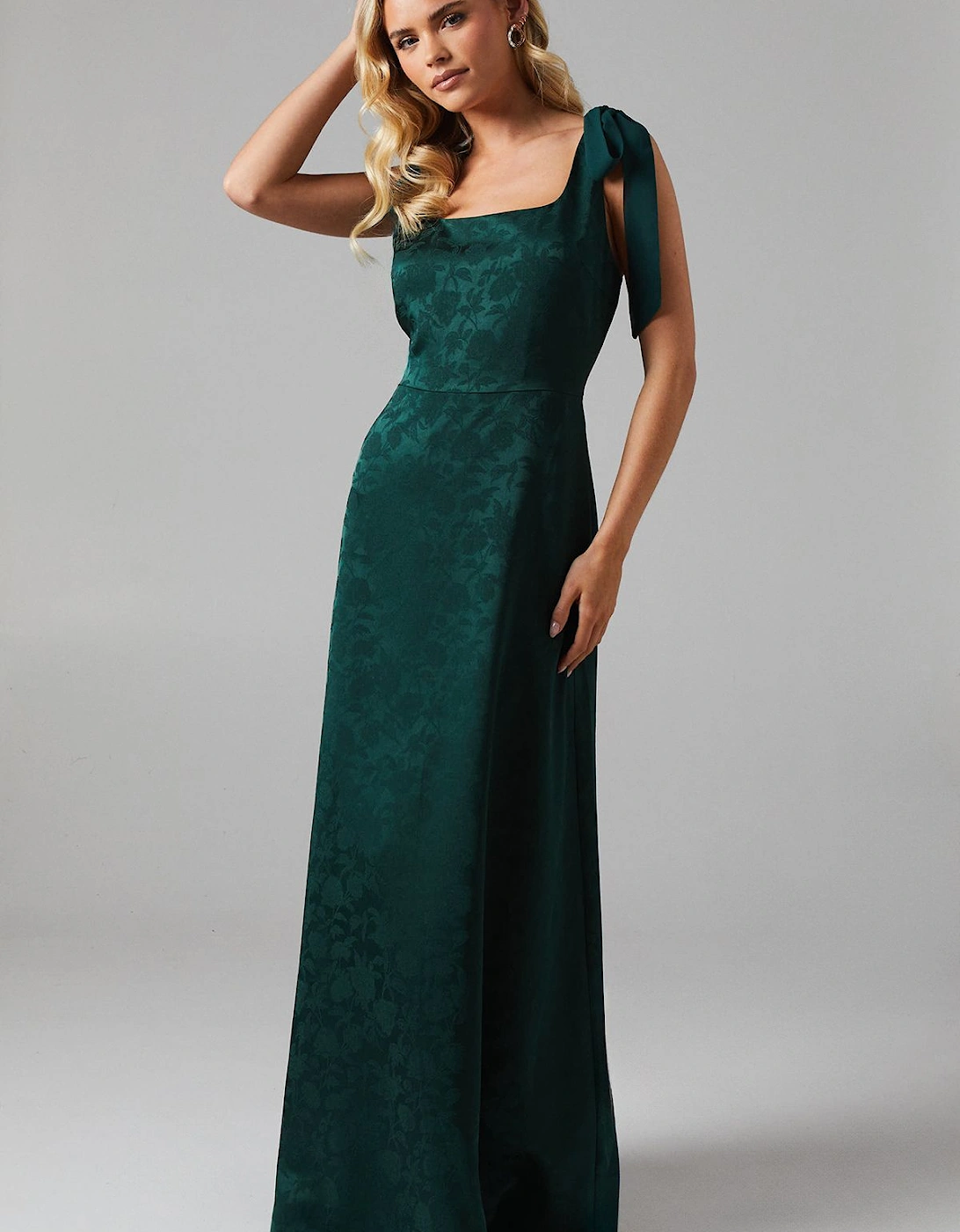 Petite Square Neck Chiffon Tie Shoulder Satin Jacquard Bridesmaid Maxi Dress, 2 of 1