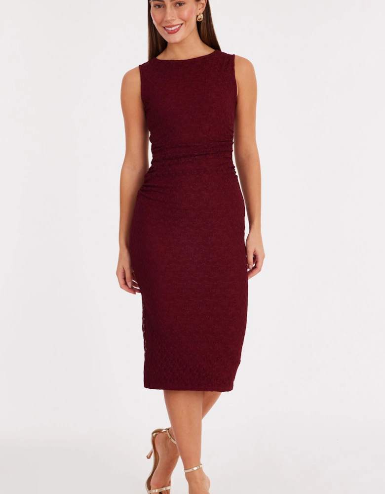 Wine Lace Ruched Midaxi Dress