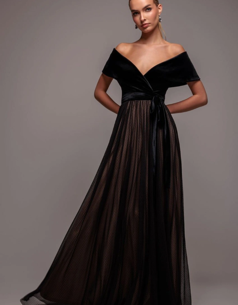 Velvet Bardot Dobby Mesh A Line Maxi Dress
