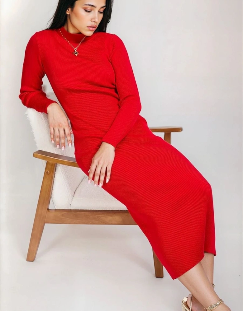 Red Rib Knit Midaxi Bodycon Dress