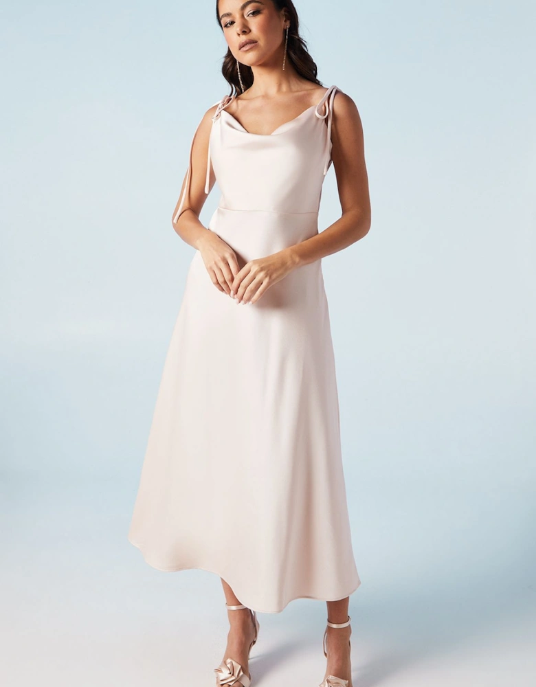 Spaghetti Strap Cowl Front Bridesmaid Midi Dress