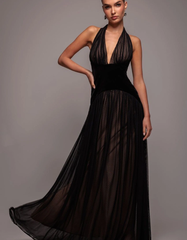 Velvet And Dobby Mesh A Line Halter Maxi Dress