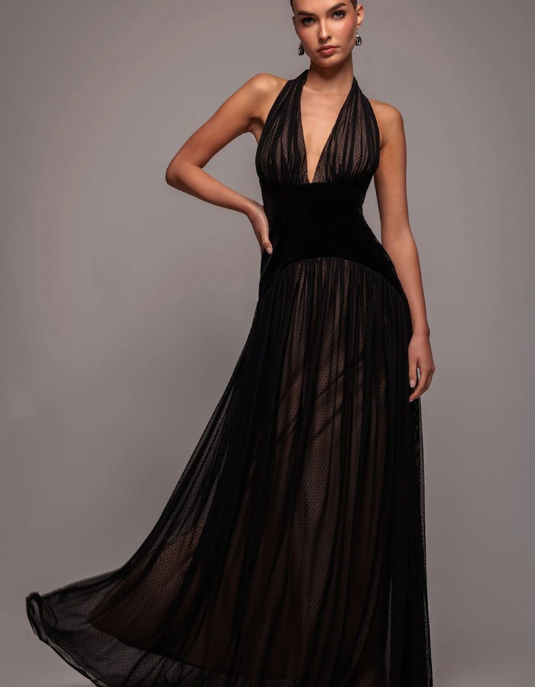 Velvet And Dobby Mesh A Line Halter Maxi Dress, 2 of 1