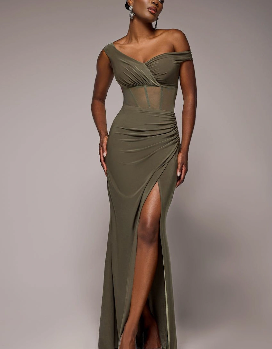 Off The Shoulder Corset Waist Mesh Wrap Skirt Soft Touch Maxi Dress, 2 of 1