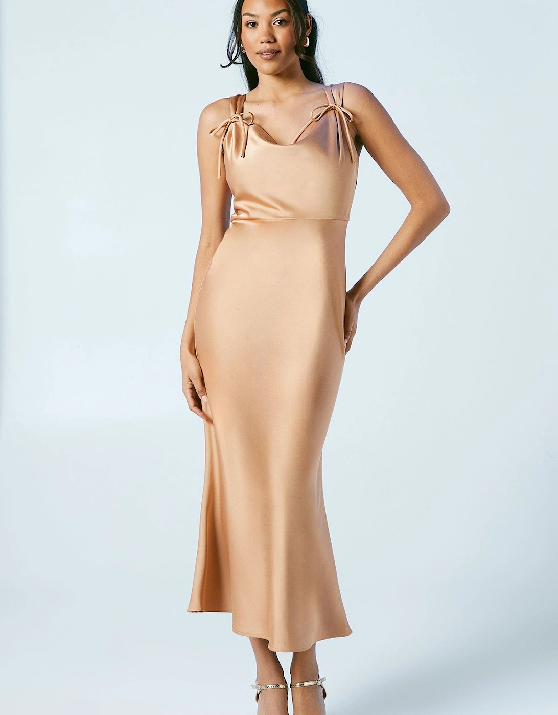 Bow Strap Detail Satin Midi Bridesmaid Dress, 2 of 1