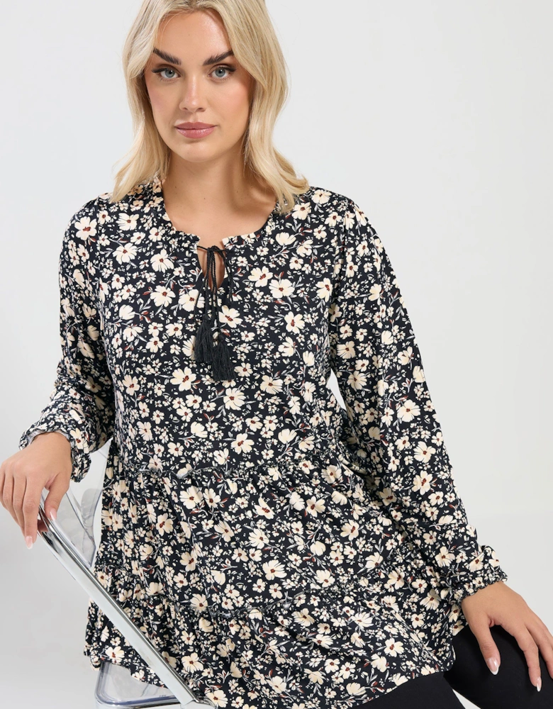 Floral Tie Neck Tiered Blouse