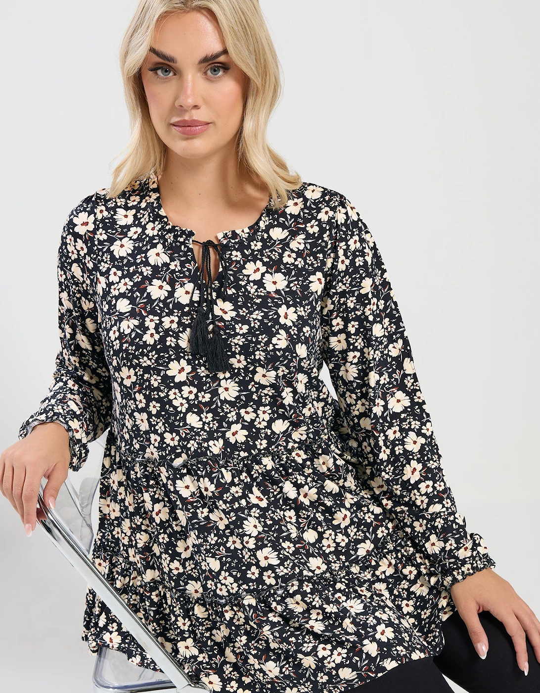 Floral Tie Neck Tiered Blouse, 2 of 1