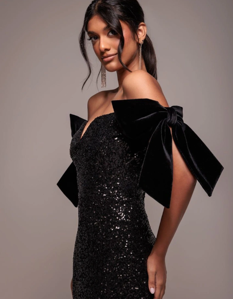 Sequin Off The Shoulder Velvet Bow Midi Dress