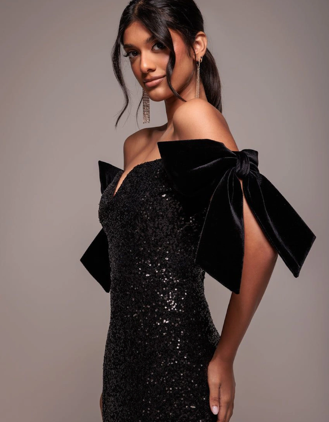 Sequin Off The Shoulder Velvet Bow Midi Dress, 2 of 1