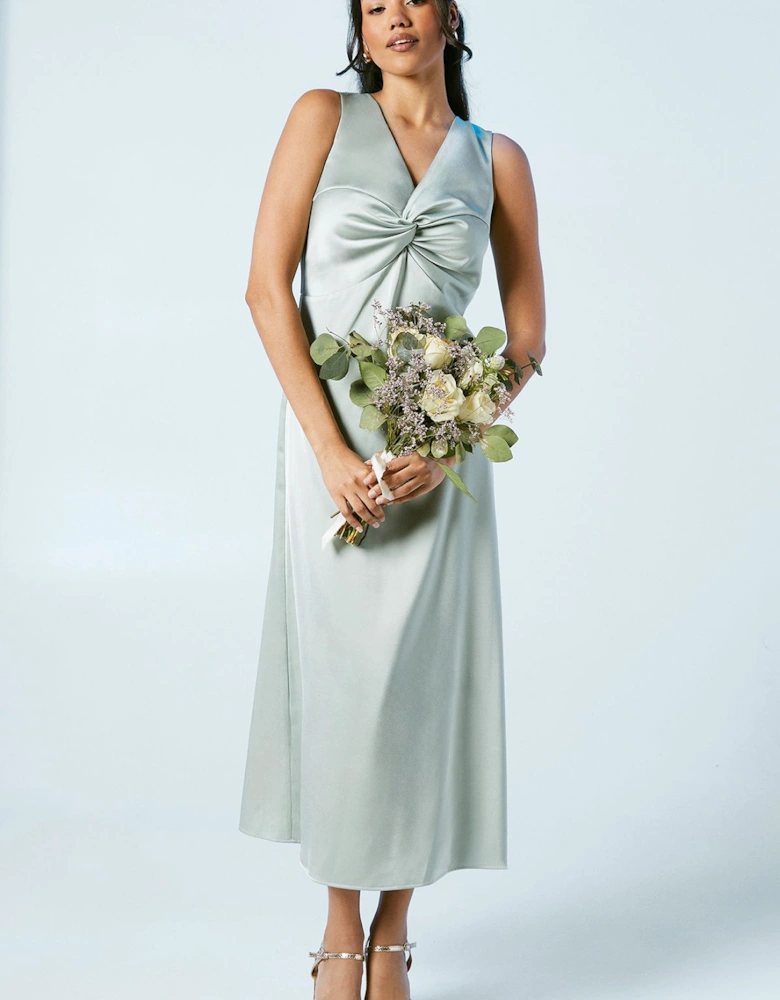 Twist V Neck Tie Back Satin Bridesmaid Midi Dress