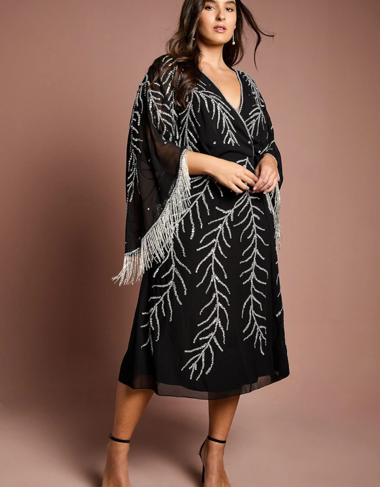 Plus Size Feather Embellished Fringe Kimono Sleeve Midi Dress