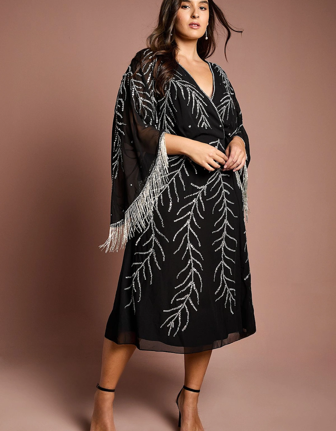 Plus Size Feather Embellished Fringe Kimono Sleeve Midi Dress, 2 of 1