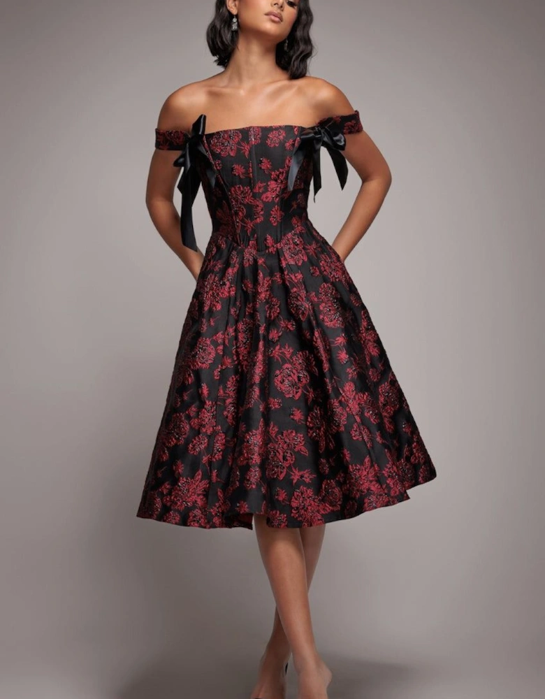 Jacquard Multiway Bow Strap Skater Midi Dress