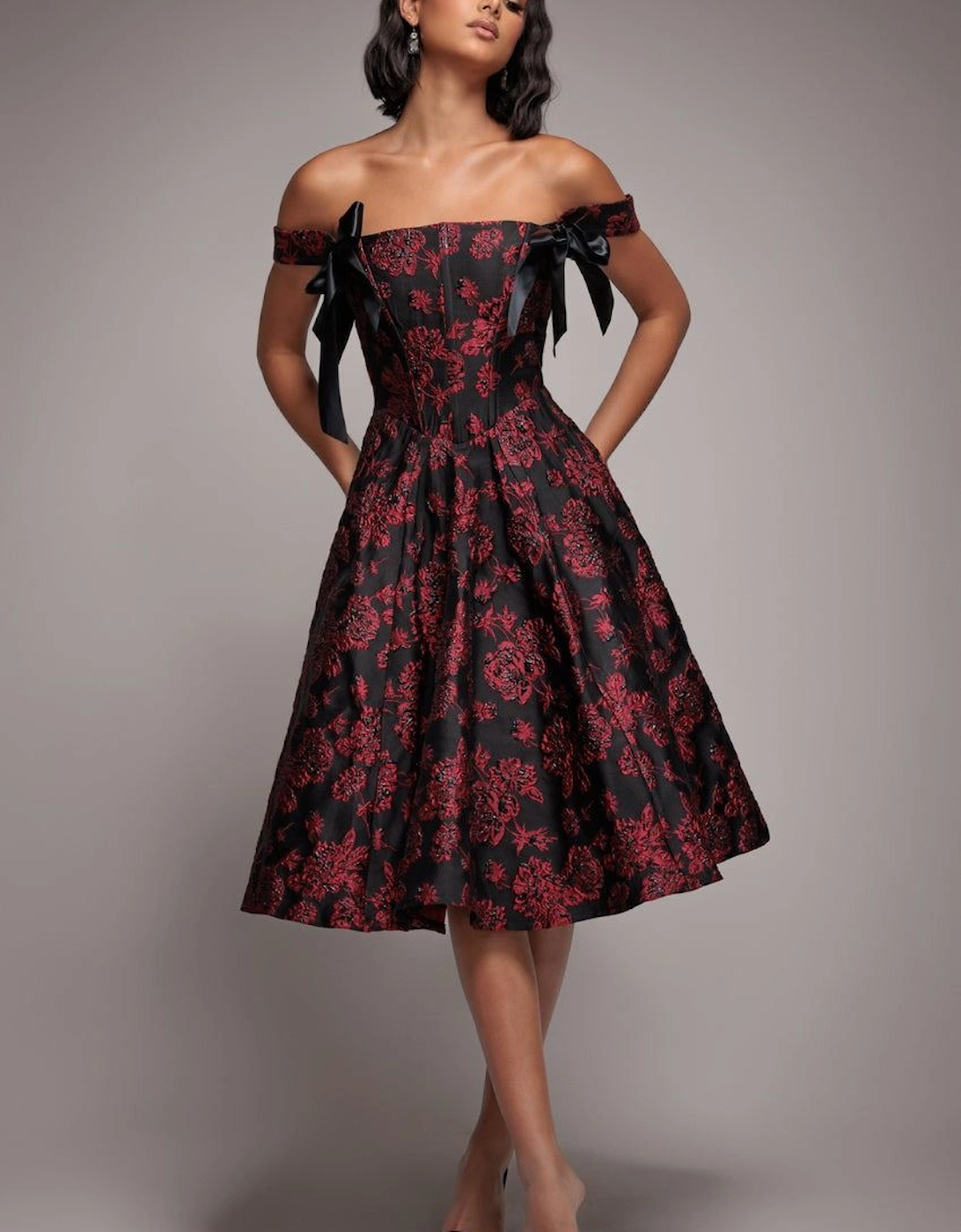 Jacquard Multiway Bow Strap Skater Midi Dress, 2 of 1