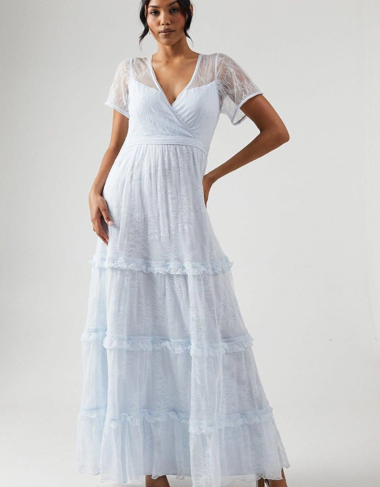 Delicate Lace Trim Insert Tiered Maxi Bridesmaid Dress