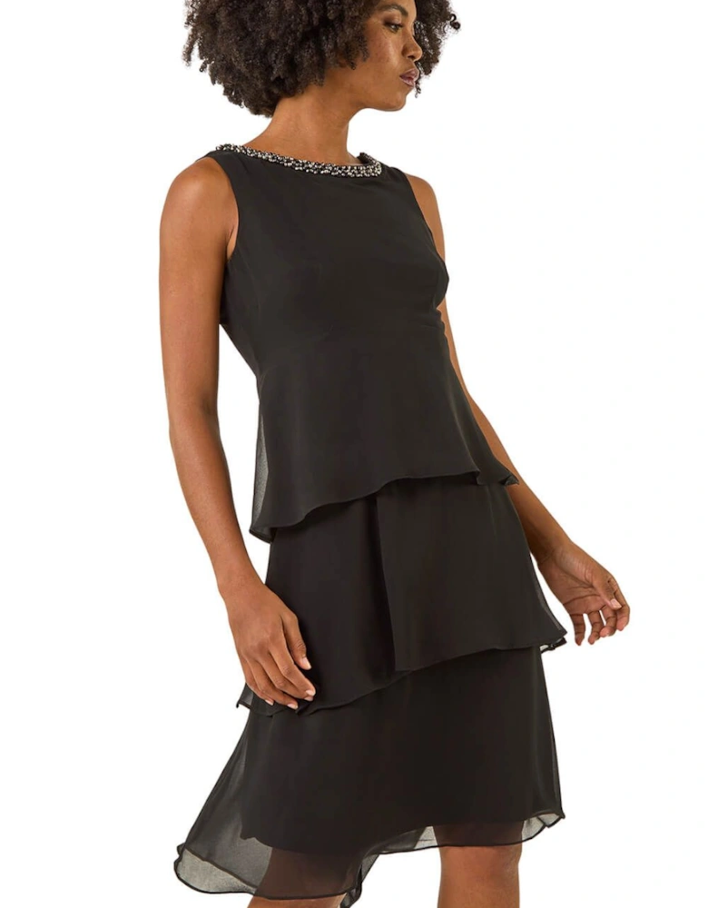 Tiered Embellished Neck Chiffon Dress