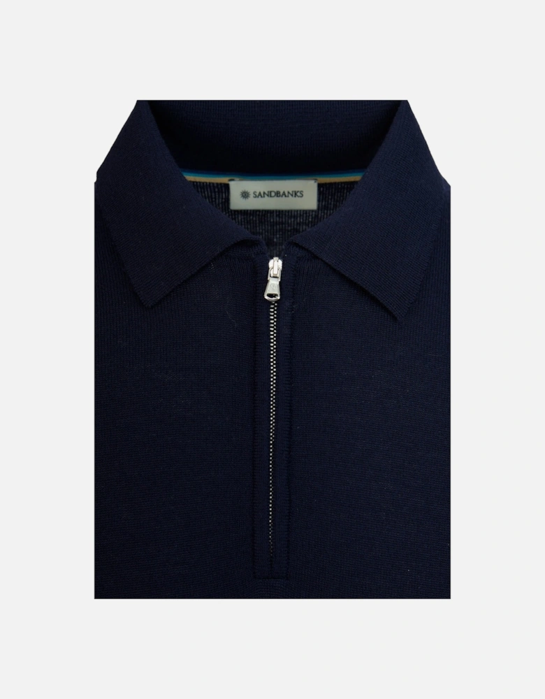 Merino Wool Zip Polo Shirt  Navy