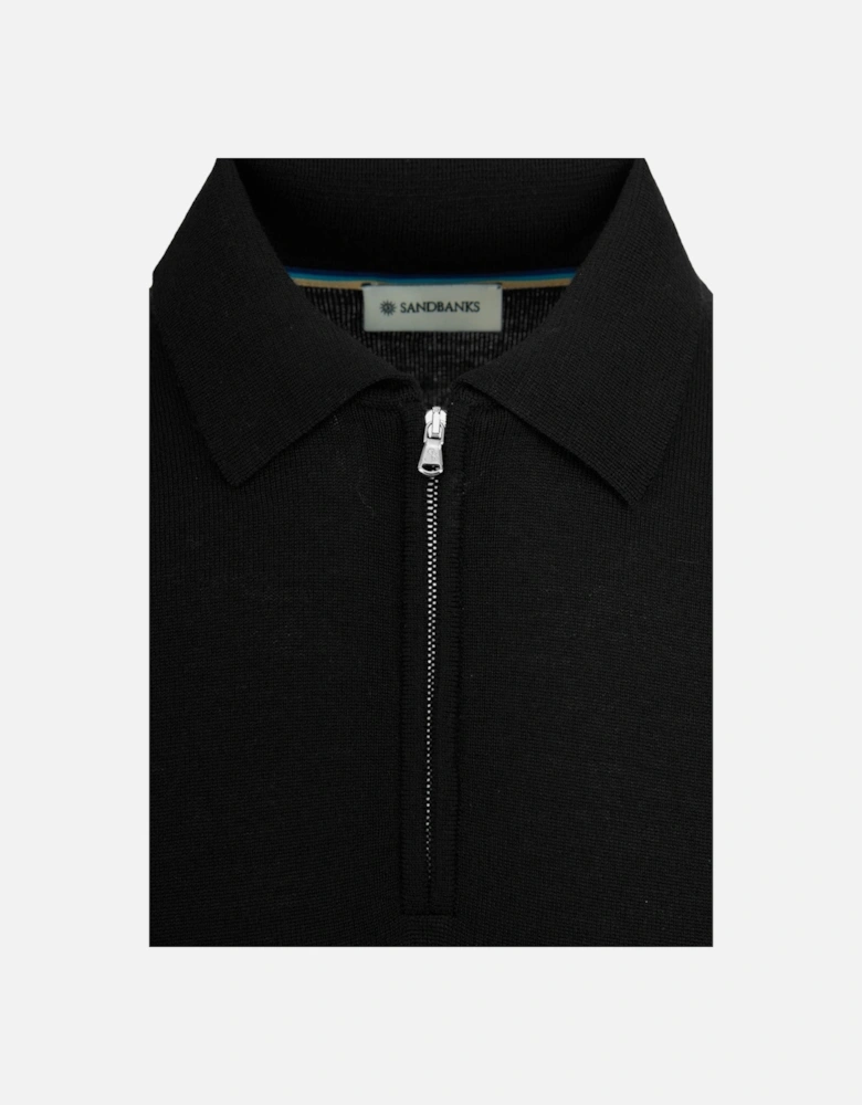 Merino Wool Zip Polo Shirt  Black