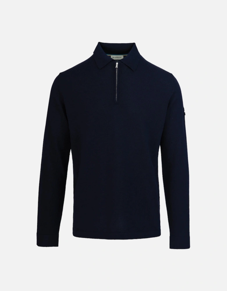Merino Wool Zip Polo Shirt  Navy