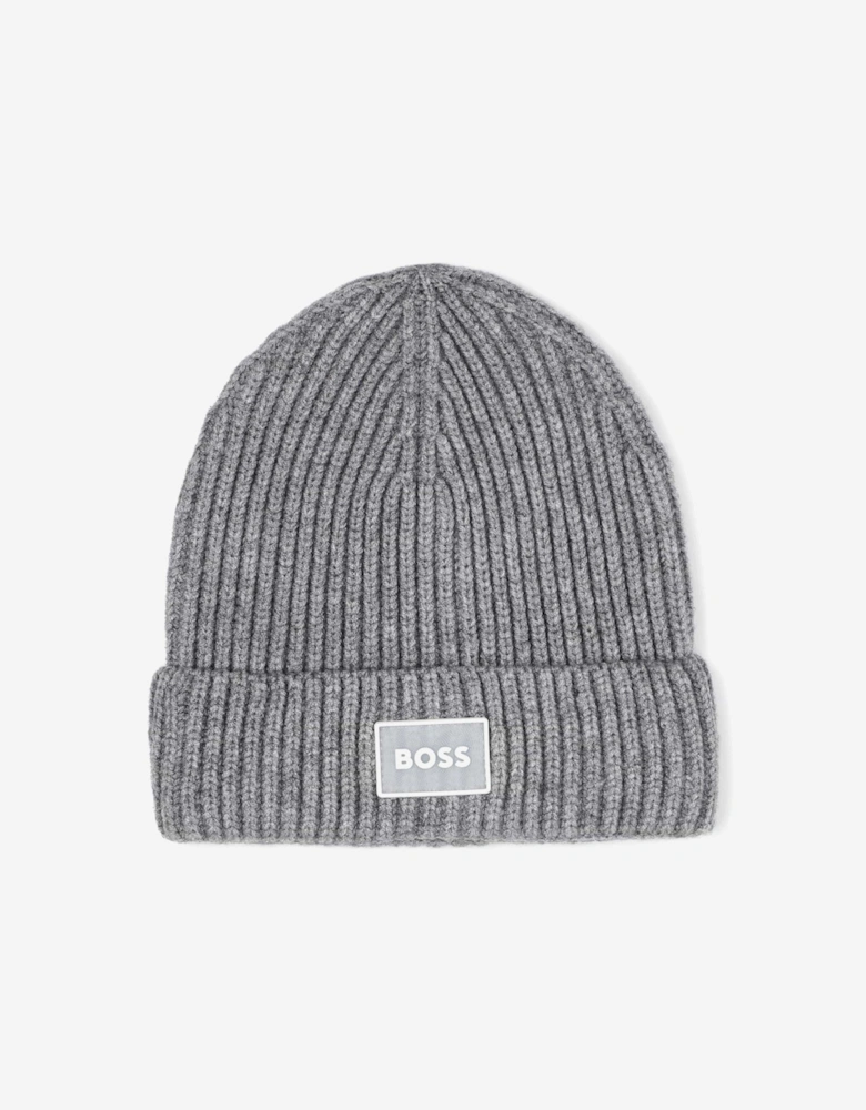 BOSS Boys Logo Knitted Beanie Hat in Grey