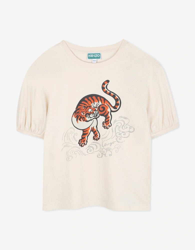 Girls Tiger Print T-Shirt in Ivory