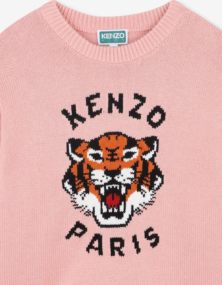 Girls Lucky Tiger Knitted Jumper in Pink