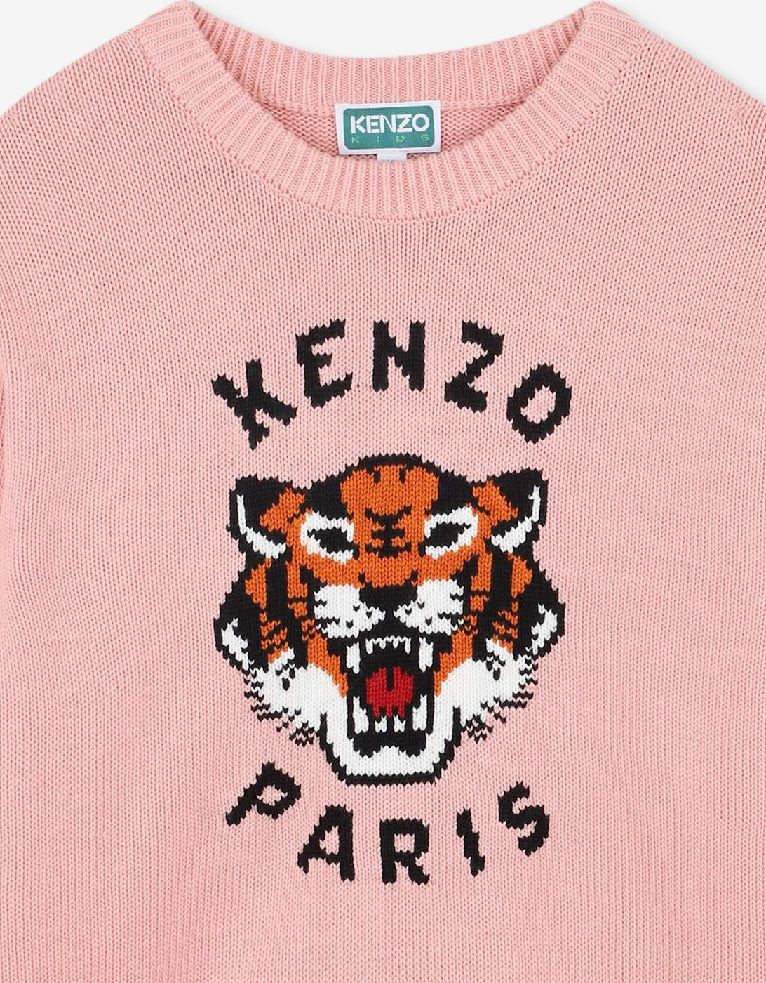 Girls Lucky Tiger Knitted Jumper in Pink